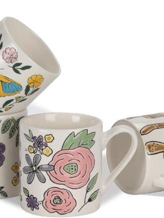 11 oz Ceramic Coffee Mugs Set of 4, Porcelain Coffee Cups with Handle for Tea, Latte, Cocoa, Cappuccino, Milk, Dishwasher&Microwave Safe, Plant Patterns