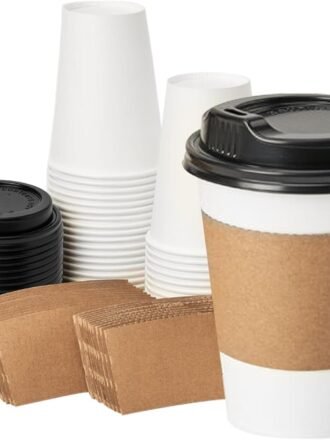 12 oz 50 pack Disposable Paper Coffee Cups with Lids and Sleeves