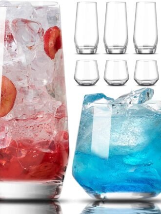 Drinking Glasses Set of 8-4 Tall Glass Cups 18 oz & 4 Short Stemless Wine Glasses 13 oz, Highball Glasses, Glassware Sets for Cocktail, Beer, Wine, Whiskey, Water & Juice Drinkware