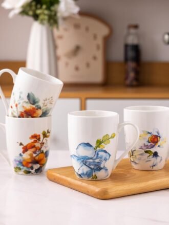 12oz Coffee Mugs Set fo 4, Ceramic Coffee Mugs with Decaled Flowers for Man Woman Mom Dad, Light Weight Coffee Mugs Set for Latte/Cappuccino/Cocoa/Milk, Dishwasher & Microwave Safe