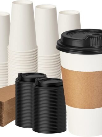 16 oz 100 Pack Coffee Cups with Lids and Sleeves, Hot Paper Coffee Cups with Lids, Disposable To Go Cups with Lid for Coffee, Tea, Hot Chocolate, Ideal for Cafes, Offices and Travel