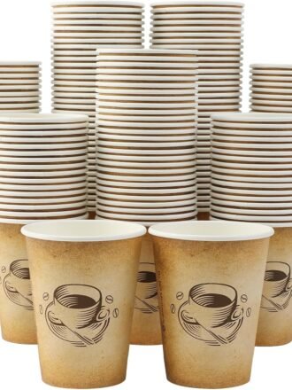 12 oz 300 Pack Disposable Paper Coffee Cups, Hot/Cold Beverage 12oz Disposable Coffee Cups, Retro Design, Leak-Proof, Hot or Cold Drink, Cocoa, Chocolate, Coffee Bar Supplies