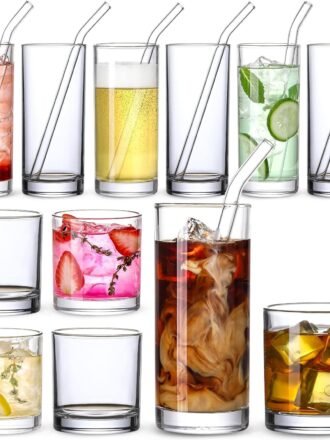 [ 12 Pack ] Glass Cups with Glass Straws, 12oz Highball & Rock Drinking Glasses, Everyday Drinkware Glasses Set, Cute Tumbler Cup, Kitchen Glasses for Iced Coffee, Water, Beer, Cocktail, Whiskey Gift.