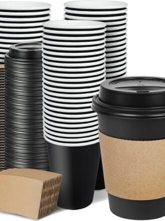 100 Pack 12 oz Disposable Coffee Cups with Lids and Sleeves, To Go Leak-Proof Black Paper Cups for Picnics, Parties, Travel, Offices and Coffee Bar Supplies
