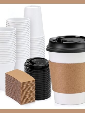 Paper White Cups [12 oz] with Lids and Sleeves x [25 Set] Disposable Hot Cold Coffee Water Beverage Drinking for School Office Home Kitchen Cafe Restaurant (25 Pack, 12 oz)