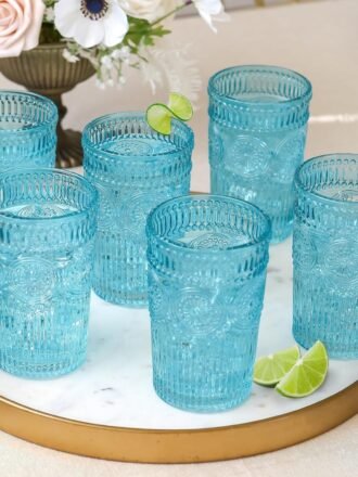 24PCS Textured Aqua Blue Striped Drinking Glasses, (13 oz) Vintage Glassware Set Cocktail Glass Set, Juice Glass, Water Cups | Hostess Gift, Present for Newlyweds or New Home Owners